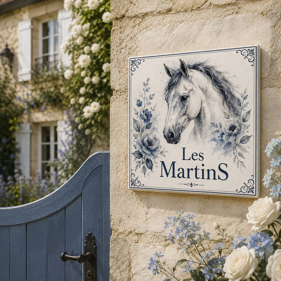 Numéro de maison personnalisé sur céramique – Cheval et fleurs
