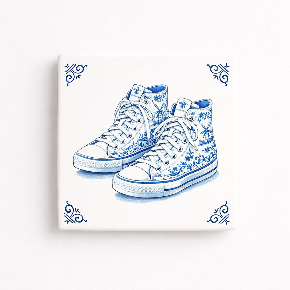 Carreau décoratif converse baskets rétro style bleu Delft en céramique imprimé en France
