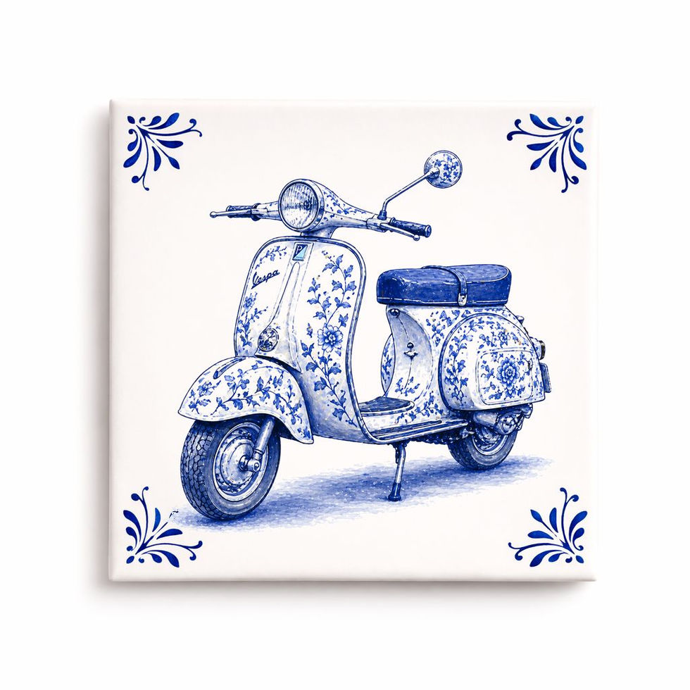 carreau decoratif vespa vintage bleu style delft illustration scooter retro