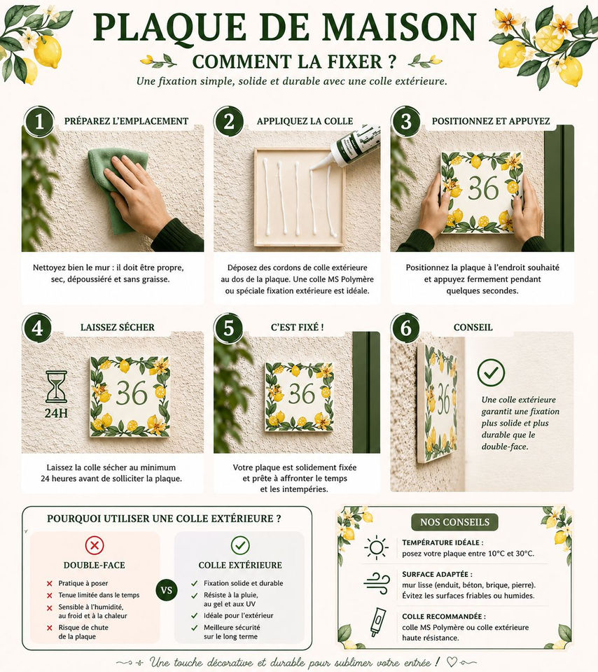 Plaque de maison personnalisée citron – Numéro et prénom sur carrelage
