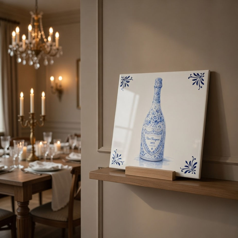 Carreau décoratif bouteille de champagne style bleu Delft en céramique 11x11 et 20x20 cm