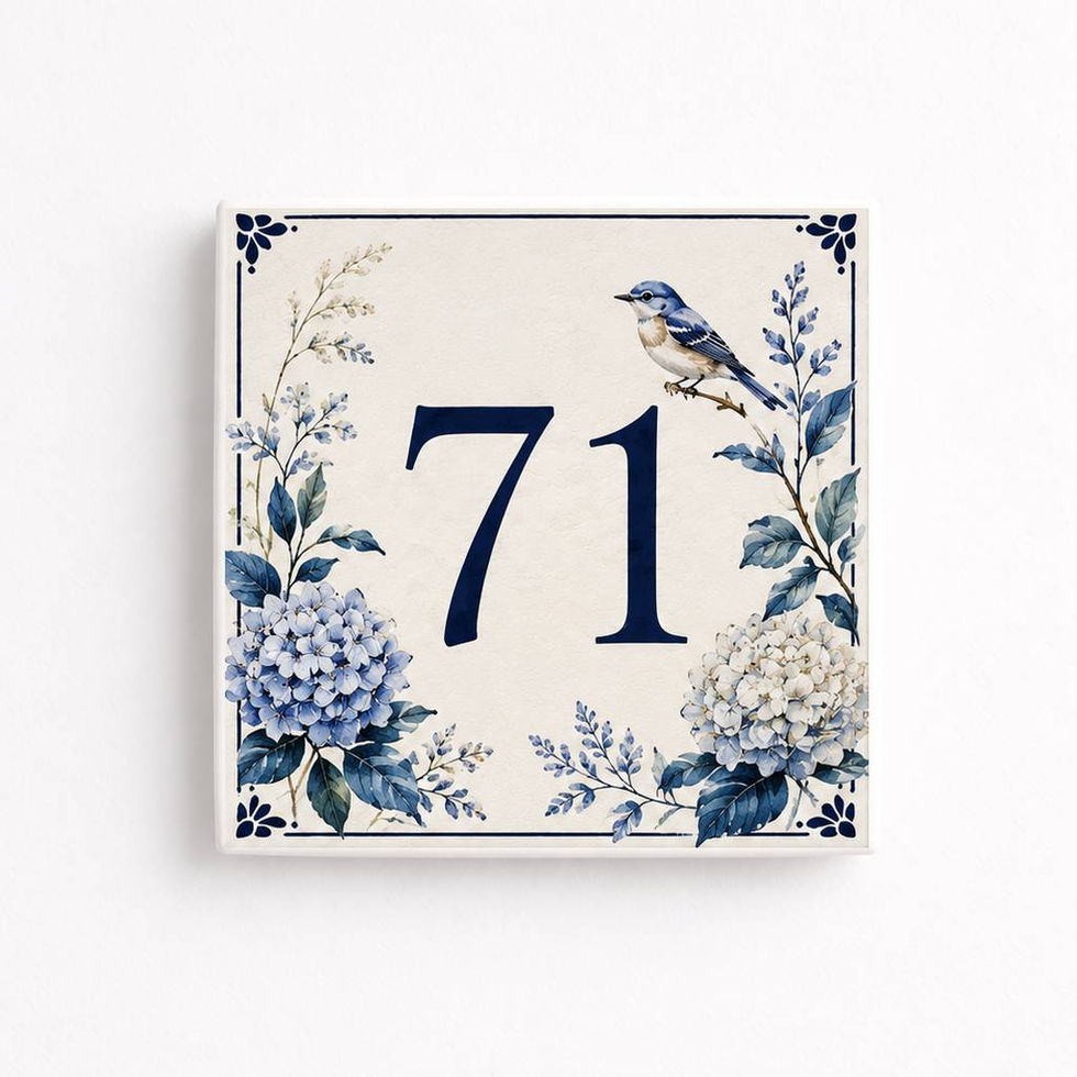 Numéro de maison décoratif personnalisé sur céramique – Hortensia et oiseau
