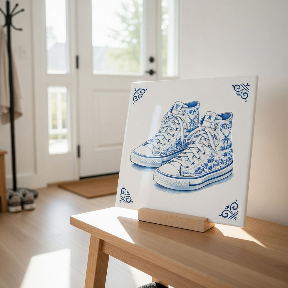 Carreau décoratif converse baskets rétro style bleu Delft en céramique imprimé en France