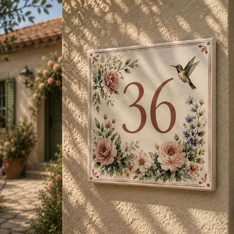 Numéro de maison décoratif personnalisé sur céramique – Roses et oiseau