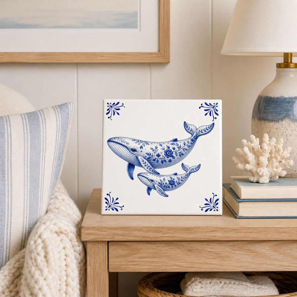 Carreau décoratif baleine bleue style Delft – décoration murale marine élégante