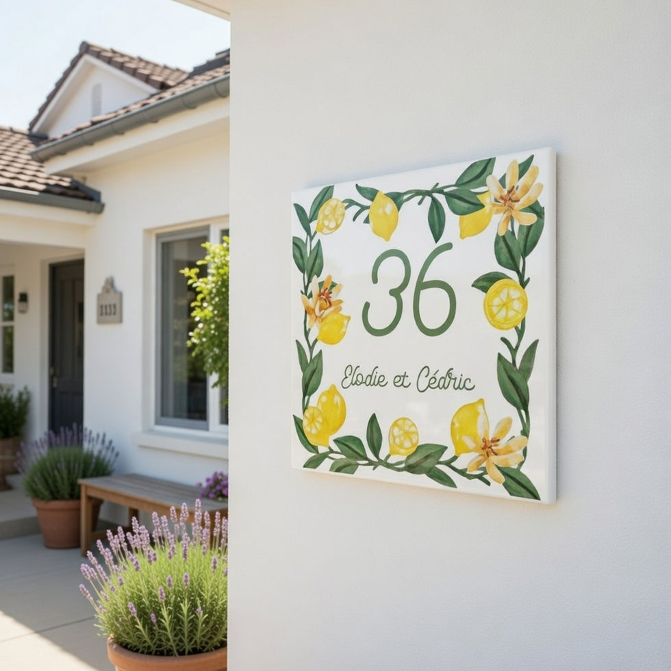 Plaque de maison personnalisée citron – Numéro et prénom sur carrelage