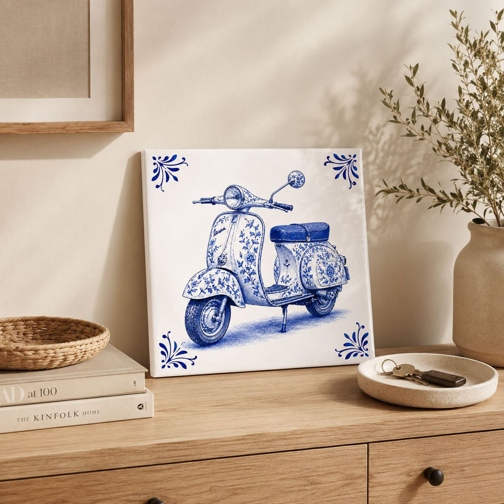 carreau decoratif vespa vintage bleu style delft illustration scooter retro