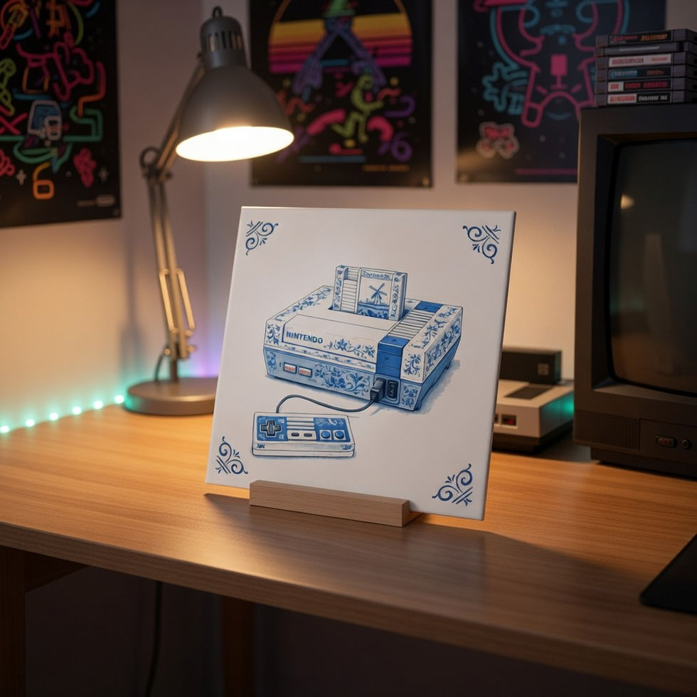 Carreau décoratif nintendo console rétro vintage style bleu Delft imprimé sur céramique