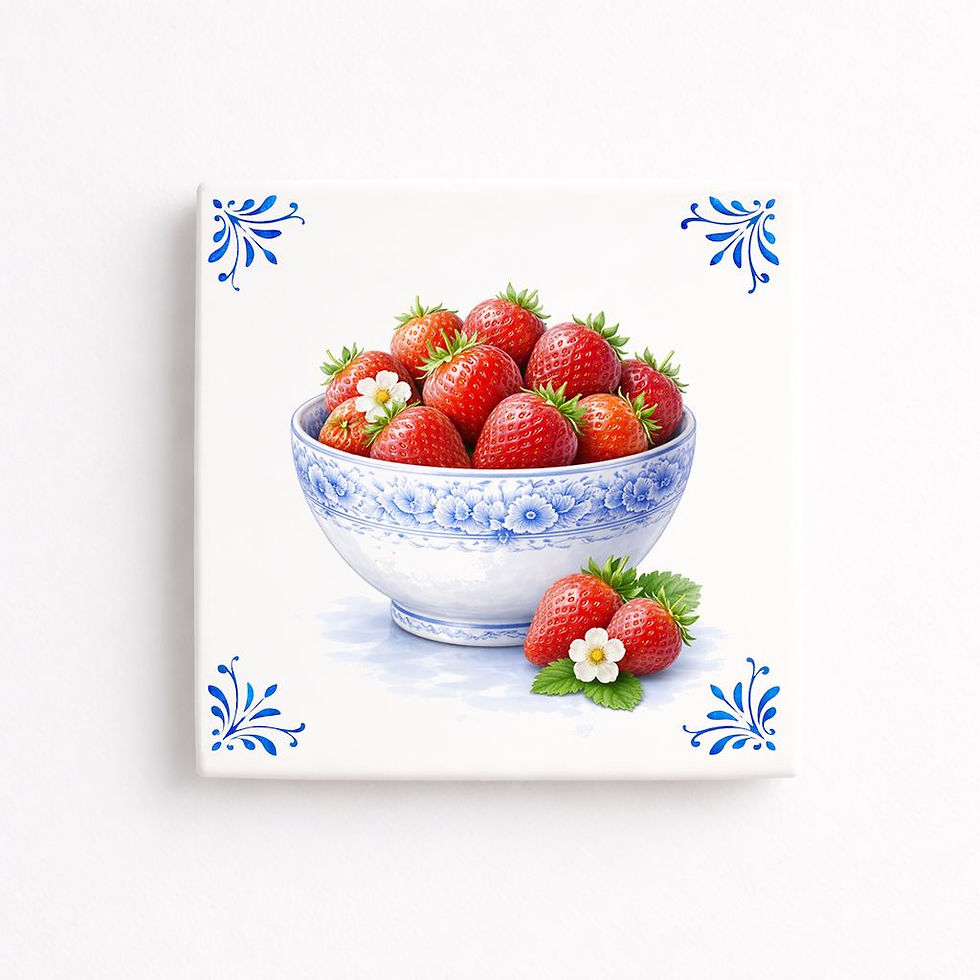Carreau décoratif bol de fraises style bleu Delft en céramique 11x11 et 20x20 cm