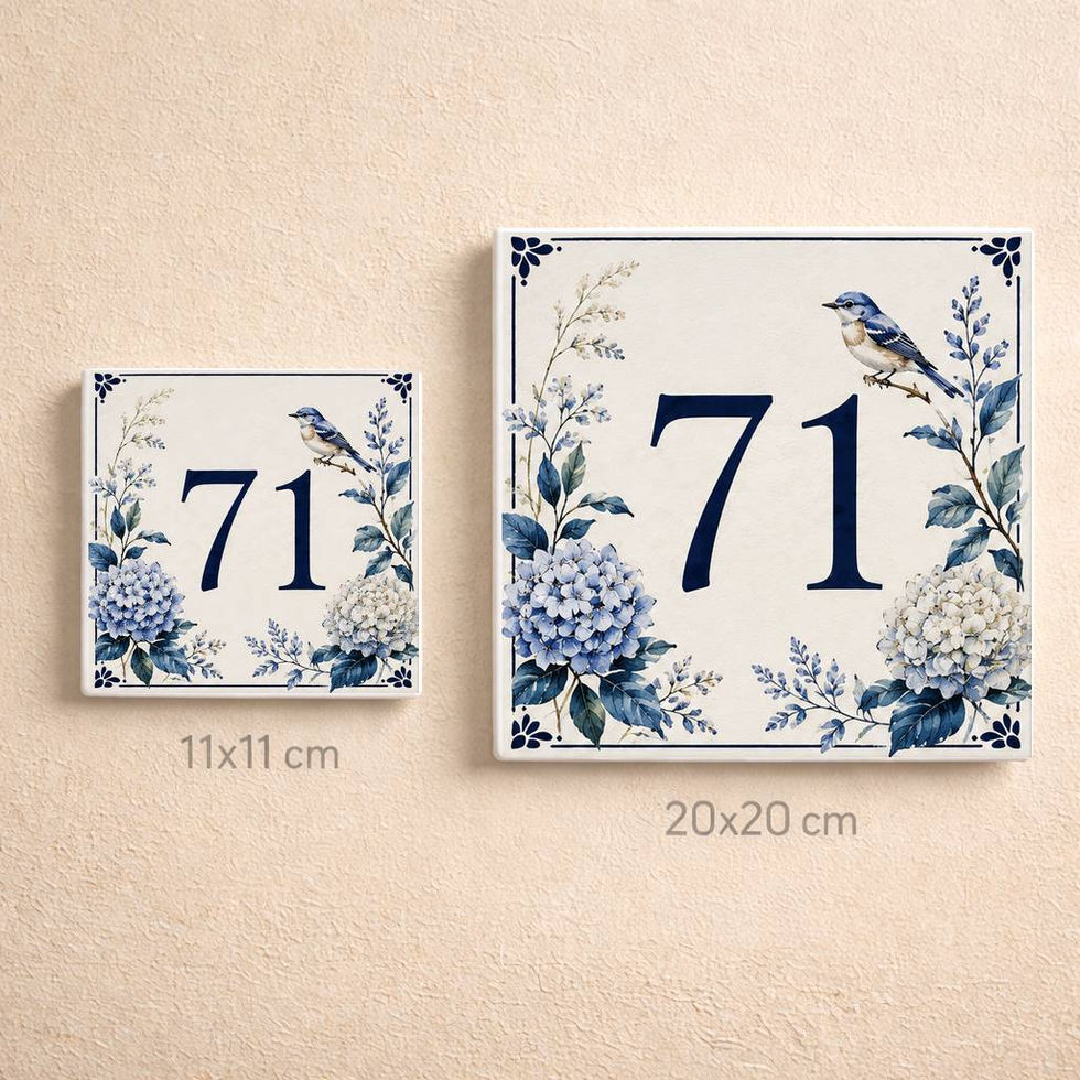 Numéro de maison décoratif personnalisé sur céramique – Hortensia et oiseau