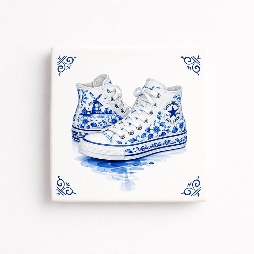 carreau decoratif baskets Converse style bleu delft sneakers ceramique decoration murale