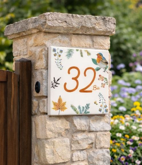 plaque de maison personnalisée avec oiseau – numéro de maison décor nature