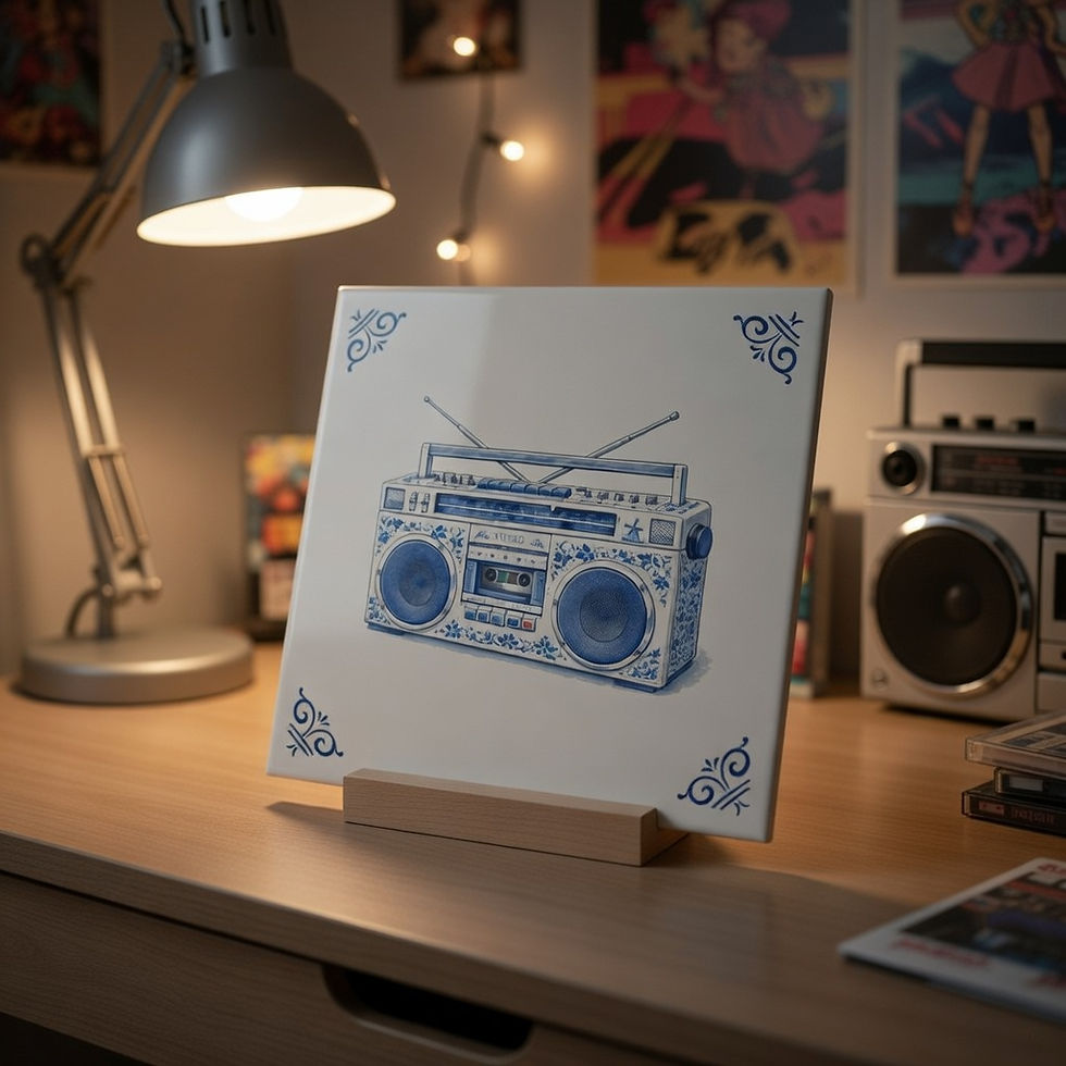 Tableau radio cassette retro style bleu Delft art pop imprime en France decoration murale musique vintage DelftPopStudio