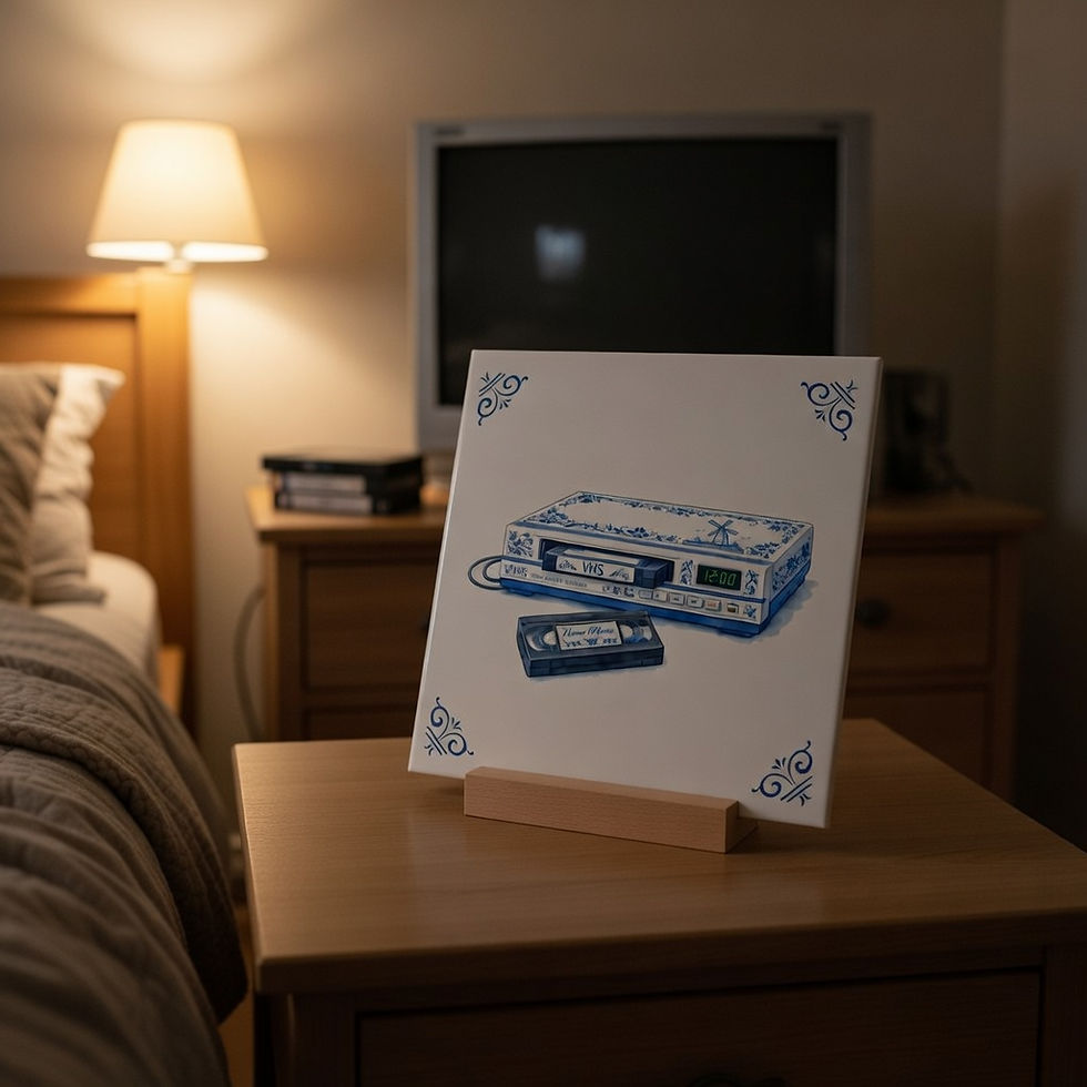 carreau decoratif magnetoscope vhs style bleu delft cassette video retro ceramique decoration murale