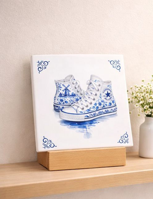 carreau decoratif baskets Converse style bleu delft sneakers ceramique decoration murale