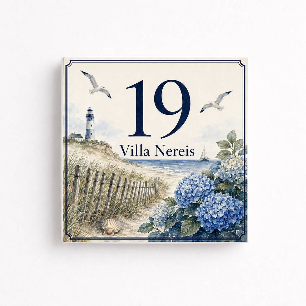 Numéro de maison personnalisé sur céramique – Bord de mer et hortensias
