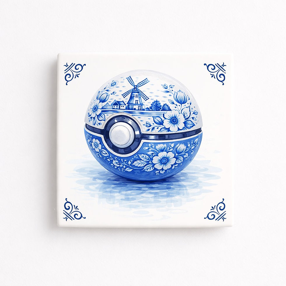 carreau decoratif pokeball style bleu delft sphere capture gaming ceramique decoration murale