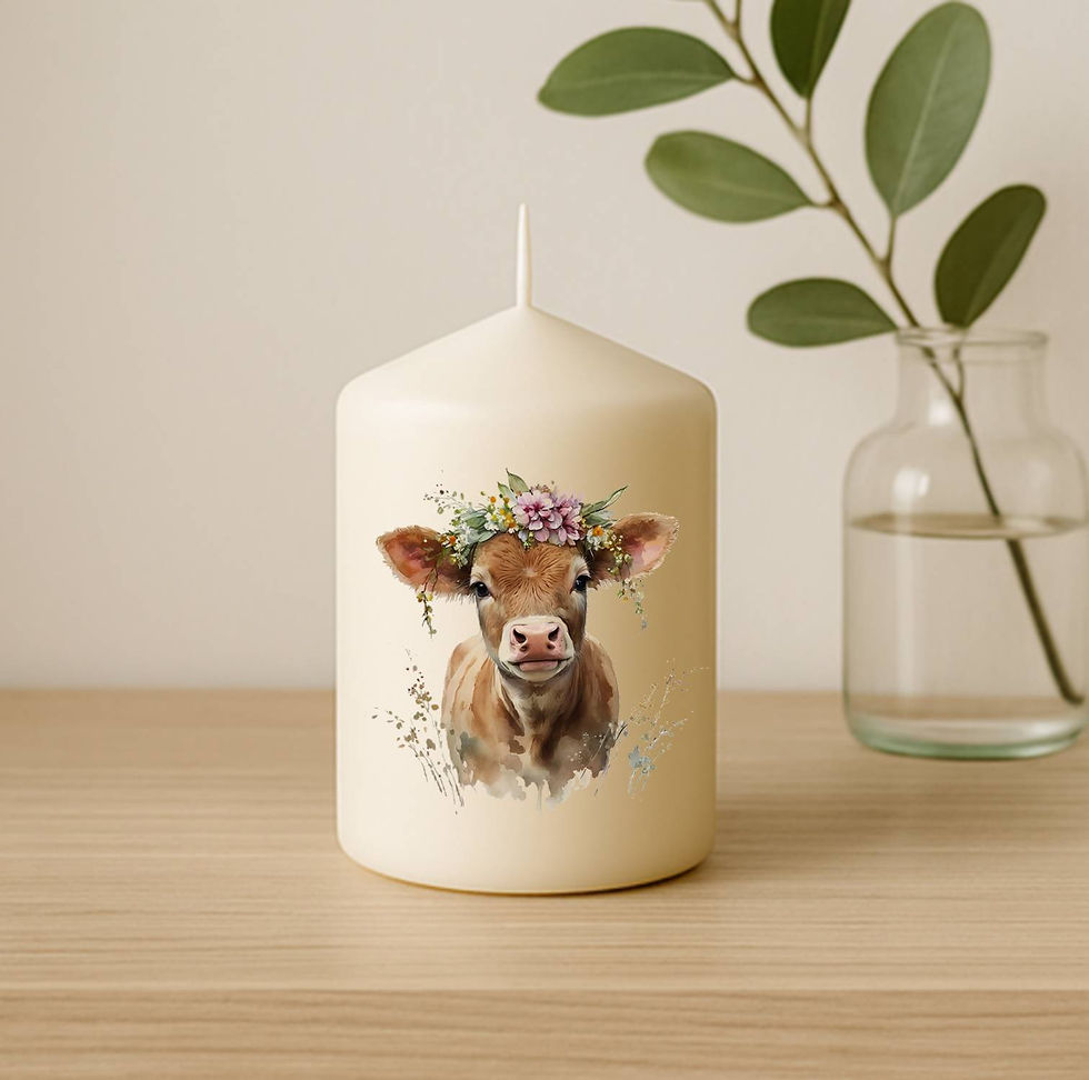 Bougie personnalisée imprimé vache et couronne de fleurs