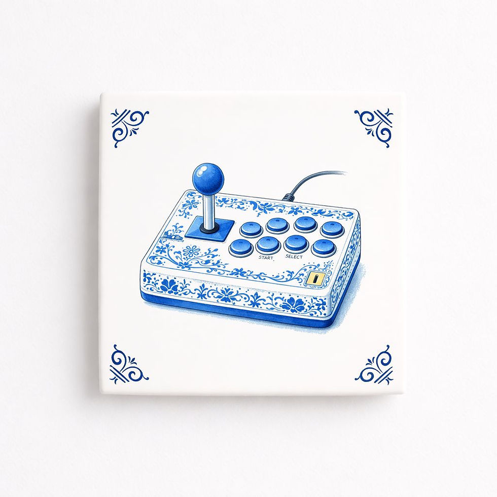 Carreau décoratif joystick arcade rétro style bleu Delft en céramique