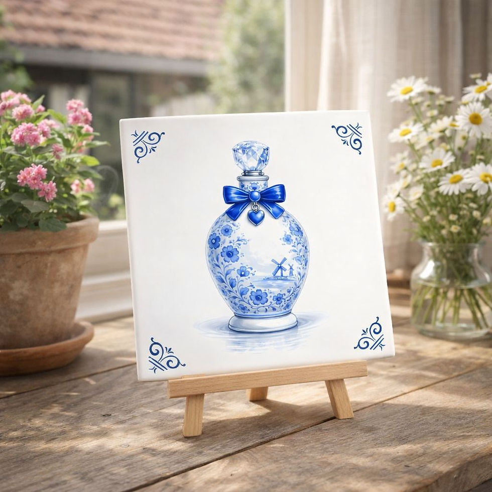 carreau decoratif parfum style bleu delft flacon parfum ceramique decoration murale