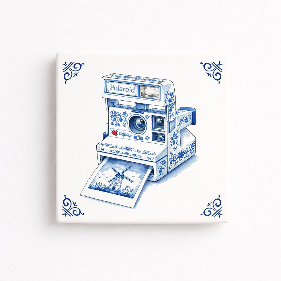 Carreau décoratif polaroid appareil photo vintage style bleu Delft en céramique