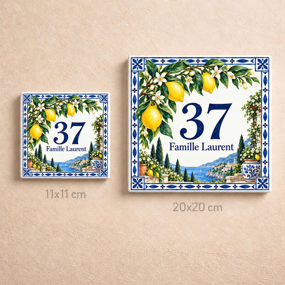 Plaque Jardin d’Amalfi présentée en formats 11 x 11 cm et 20 x 20 cm.