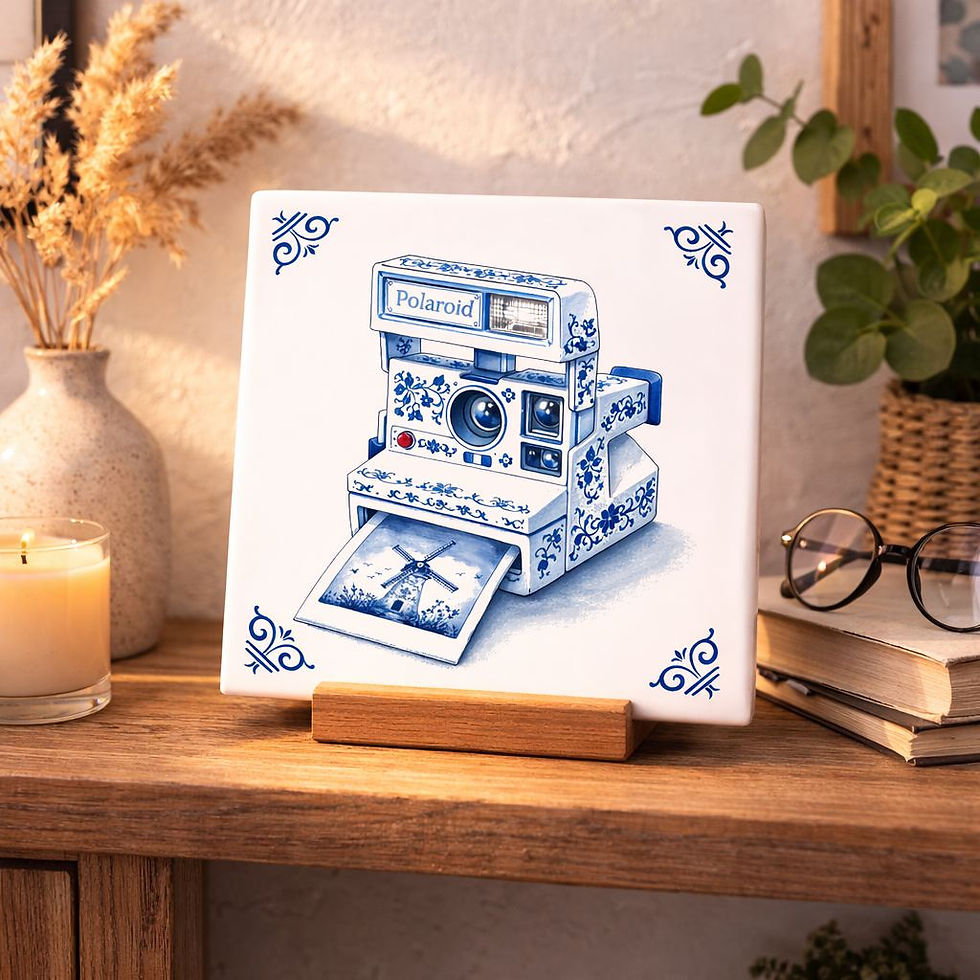 Carreau décoratif polaroid appareil photo vintage style bleu Delft en céramique