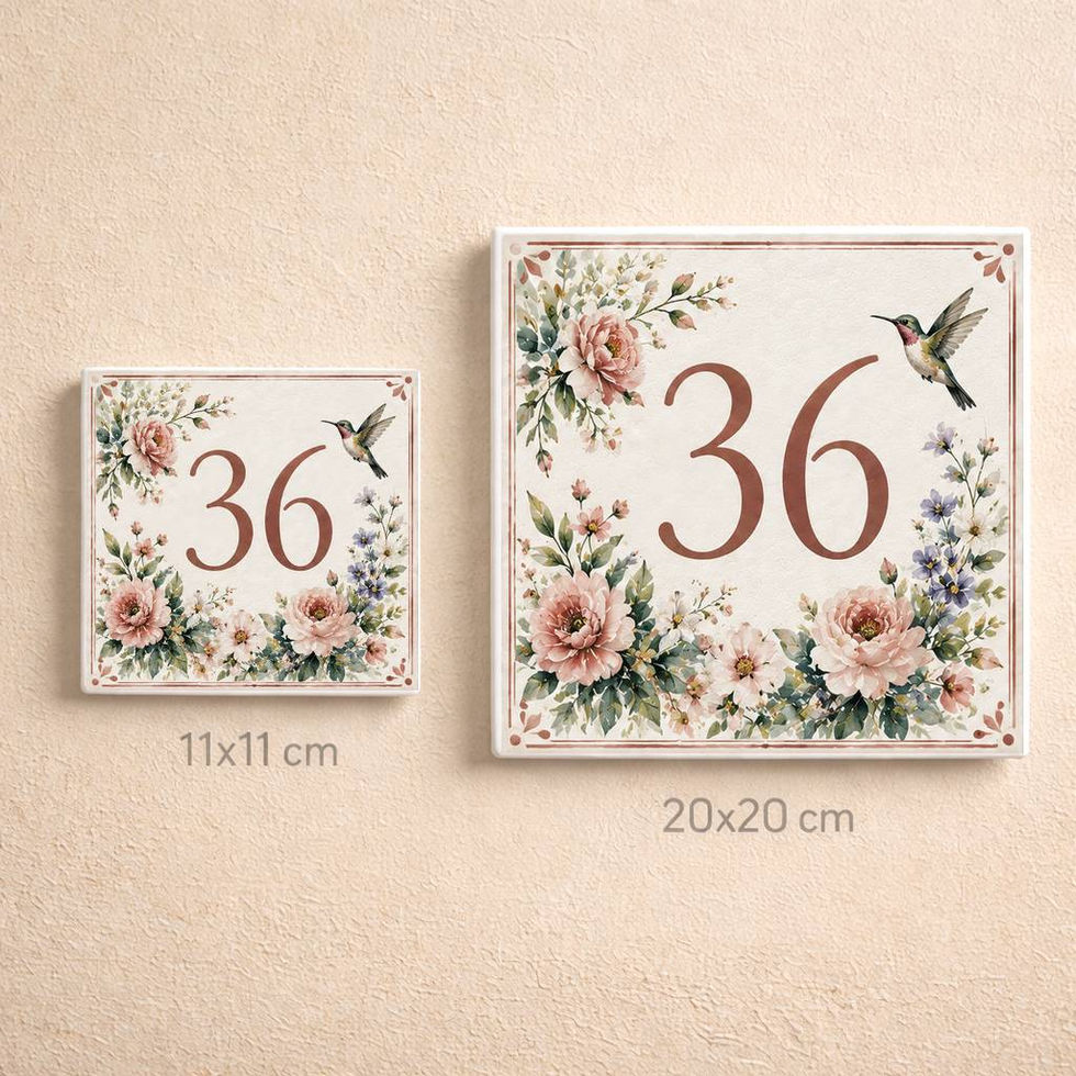 Numéro de maison décoratif personnalisé sur céramique – Roses et oiseau