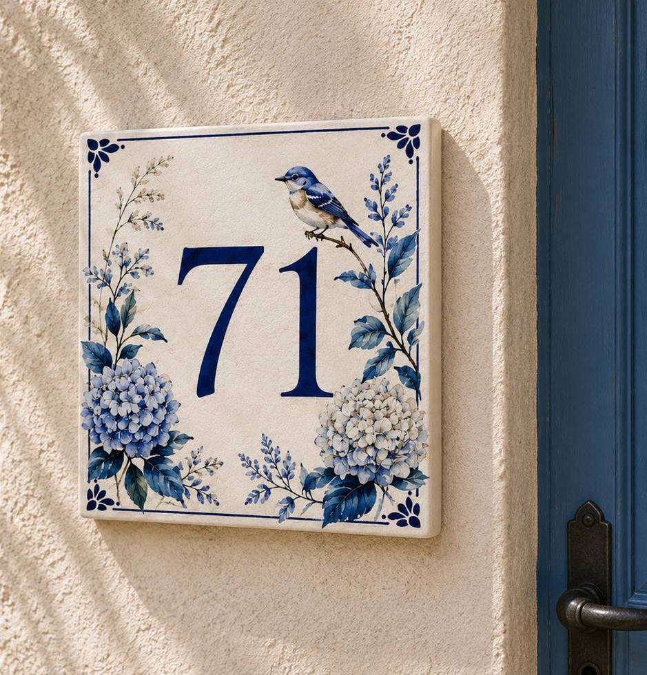 Numéro de maison décoratif personnalisé sur céramique – Hortensia et oiseau
