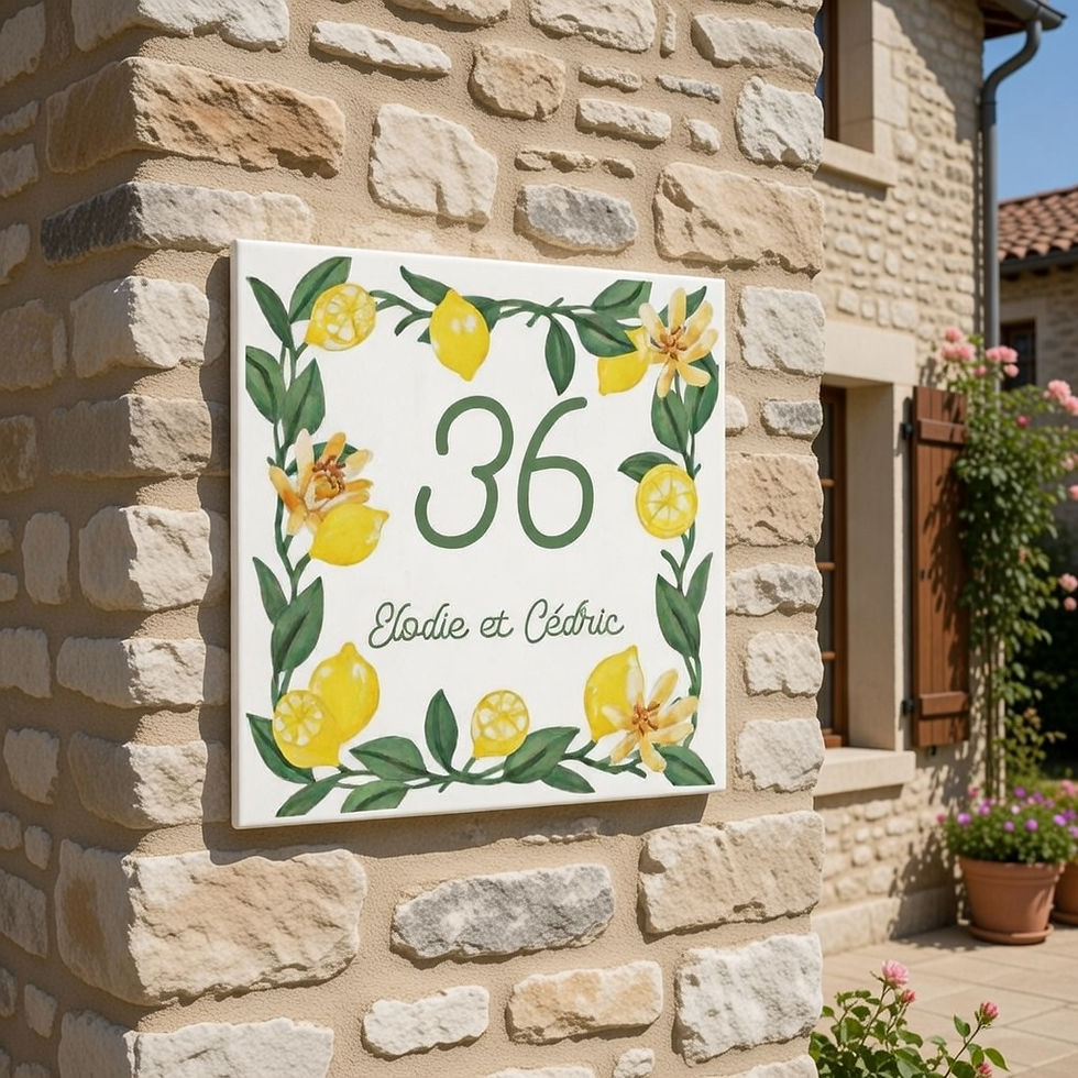 Plaque de maison personnalisée citron – Numéro et prénom sur carrelage