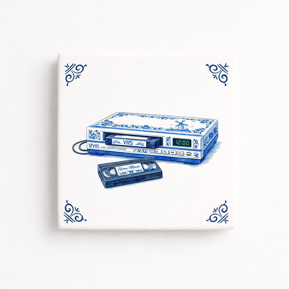 carreau decoratif magnetoscope vhs style bleu delft cassette video retro ceramique decoration murale