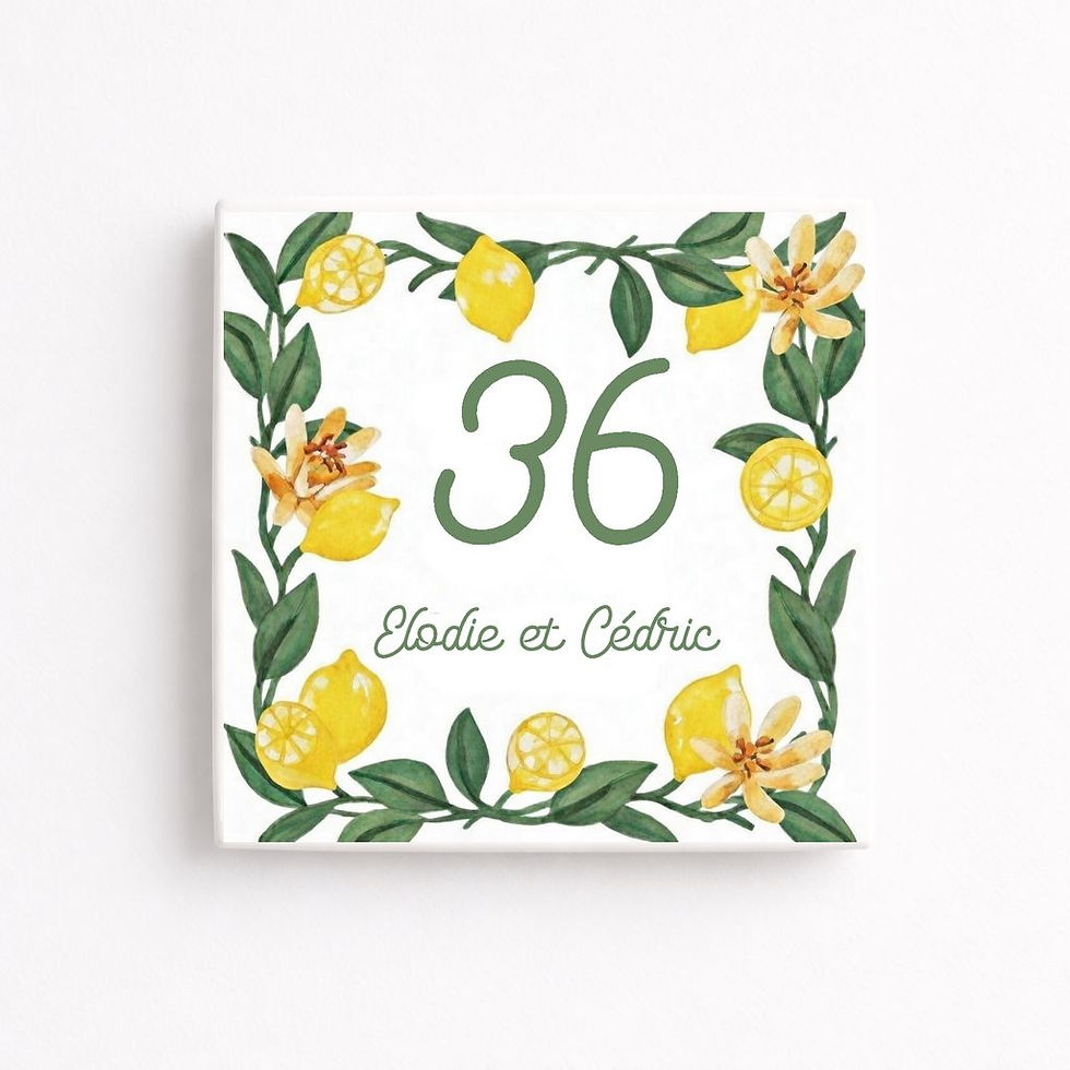 Plaque de maison personnalisée citron – Numéro et prénom sur carrelage