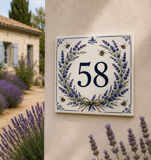 Numéro de maison décoratif personnalisé sur céramique – Lavande et abeilles