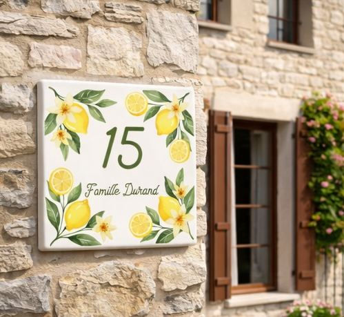 Plaque de maison personnalisée citron – Numéro et prénom sur carrelage