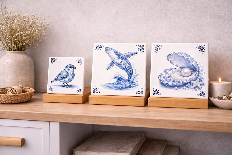 Trio Océan Delft – Carreaux décoratifs oiseau, baleine & coquillage