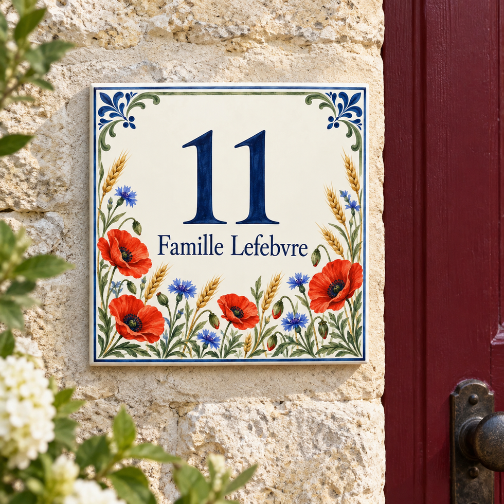 Plaque de maison Coquelicots des champs, numéro 11 et Famille Lefebvre, présentée sur une façade.