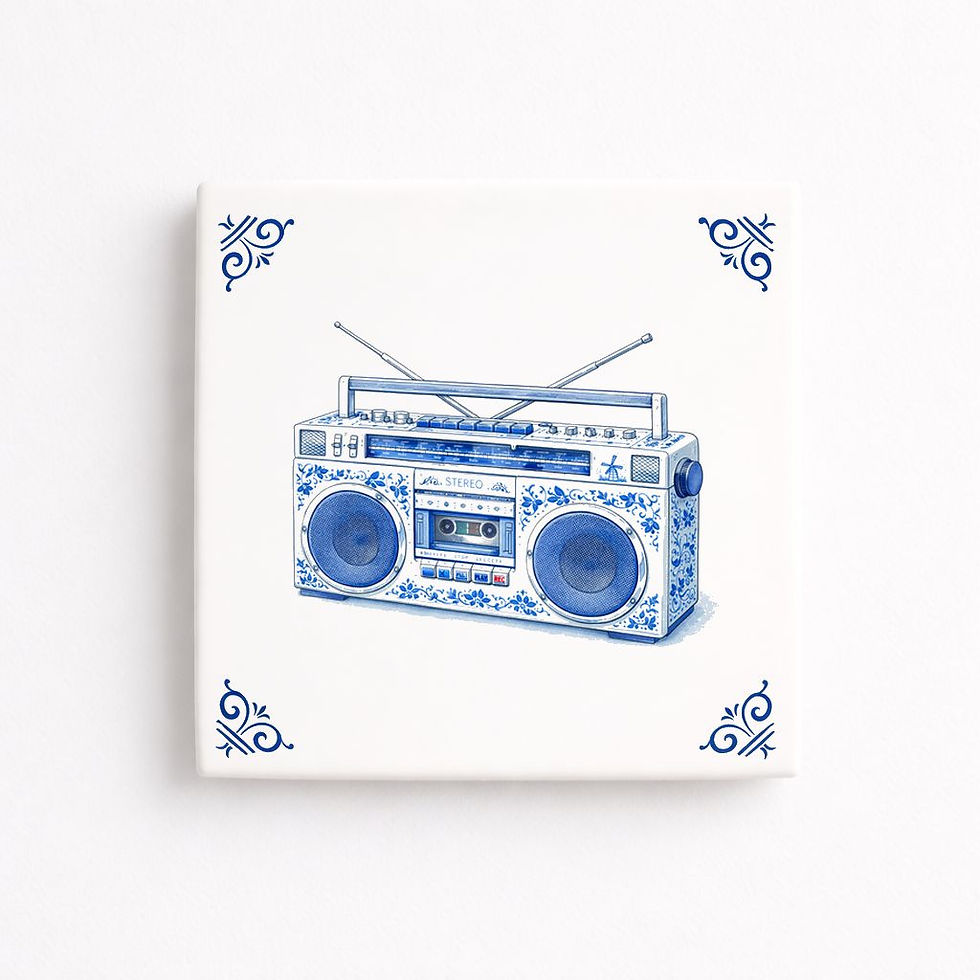Tableau radio cassette retro style bleu Delft art pop imprime en France decoration murale musique vintage DelftPopStudio