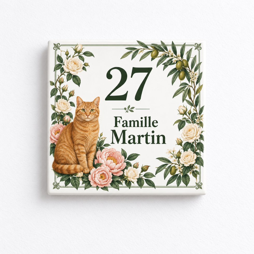 Plaque de maison Chat des pivoines, numéro 27 et Famille Martin, vue de face sur mur blanc.