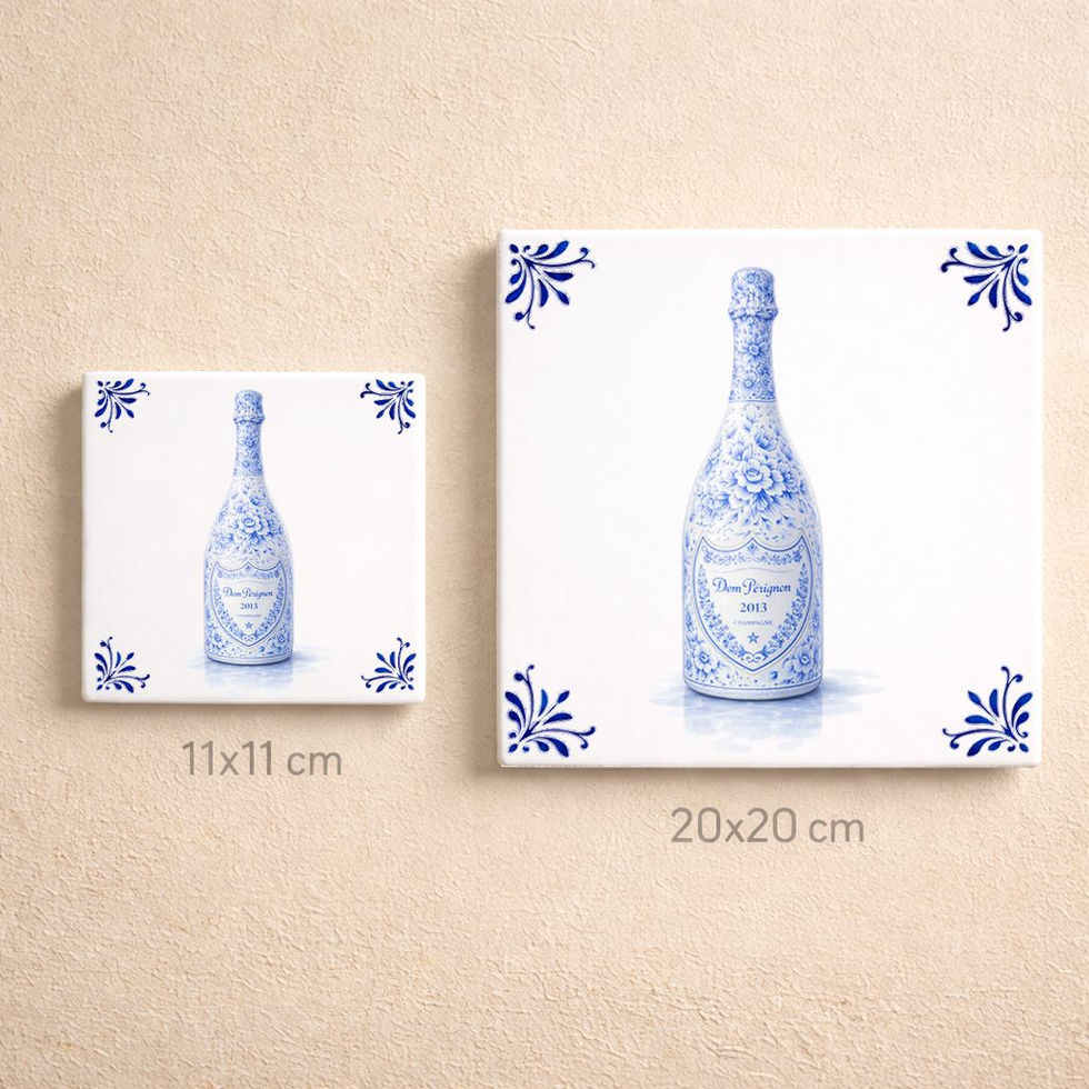 Carreau décoratif bouteille de champagne style bleu Delft en céramique 11x11 et 20x20 cm