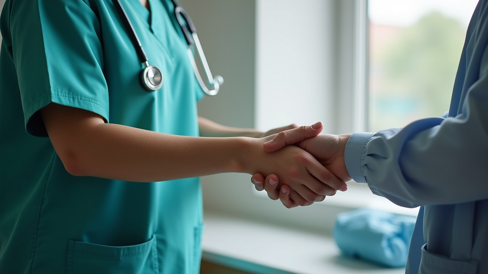 Close-up view of a caregiver holding a patient's hand