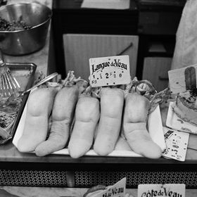 Langues de veau. Boucherie. Veal tongue. B&W