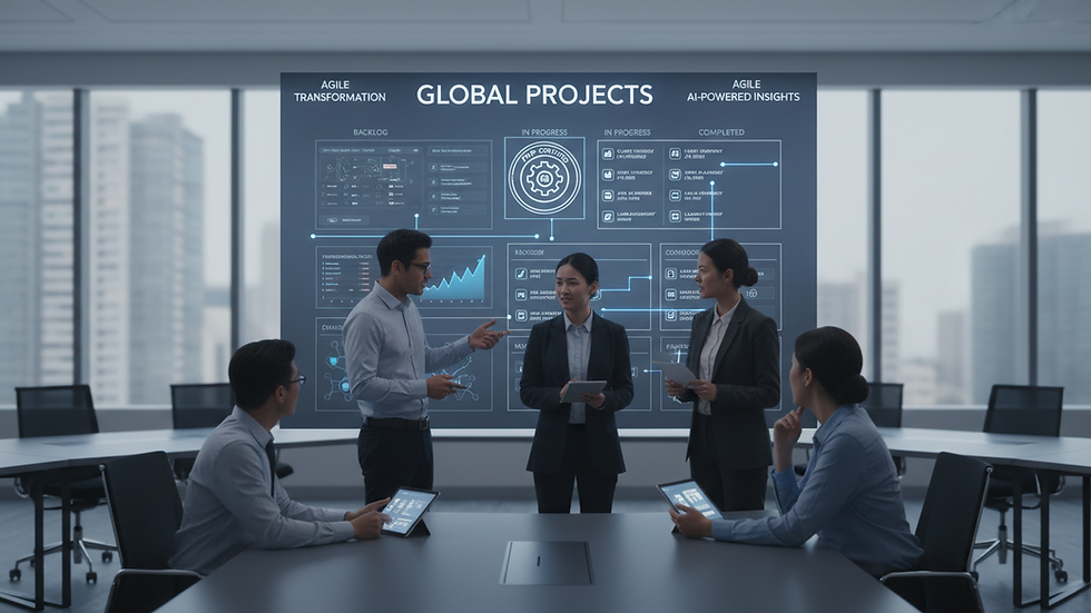 Eye-level view of a team collaborating around a project board