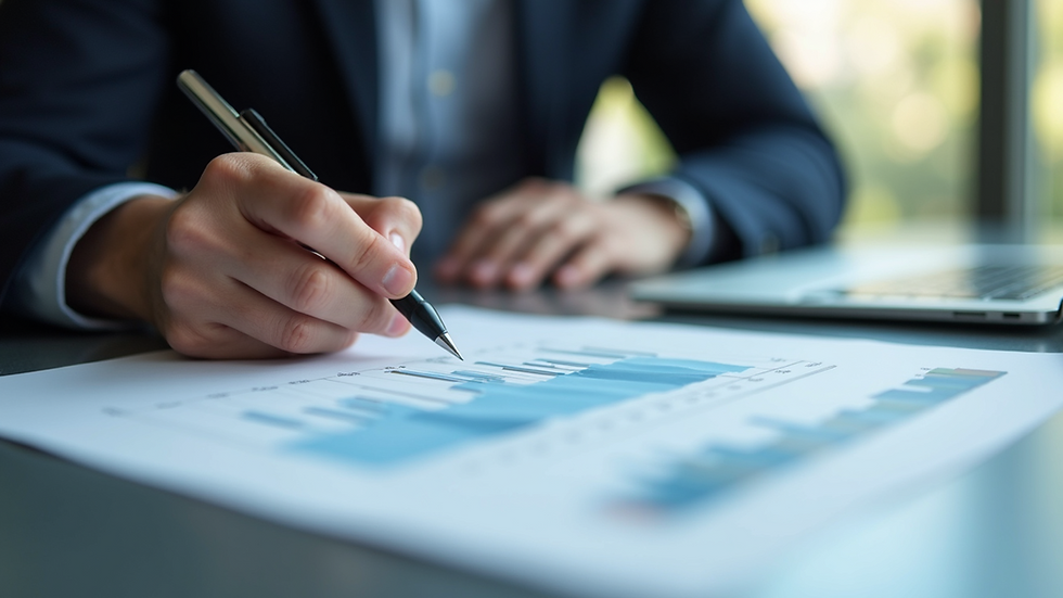 Close-up view of a project manager analyzing charts and graphs