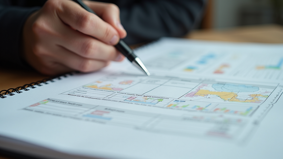 Eye-level view of a professional writing project plans on a notebook