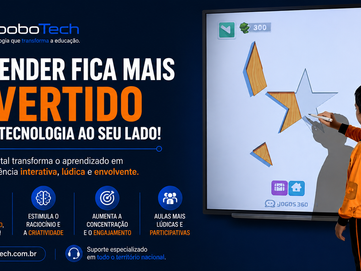 Aluno interagindo com a Lousa Digital Goobotech durante jogo educativo de quebra-cabeça com formas geométricas. A tecnologia torna as aulas mais lúdicas, aumenta a concentração, desenvolve o raciocínio lógico, a criatividade e o aprendizado de crianças e adolescentes. Solução para escolas, prefeituras e secretarias de educação em todo o Brasil.
