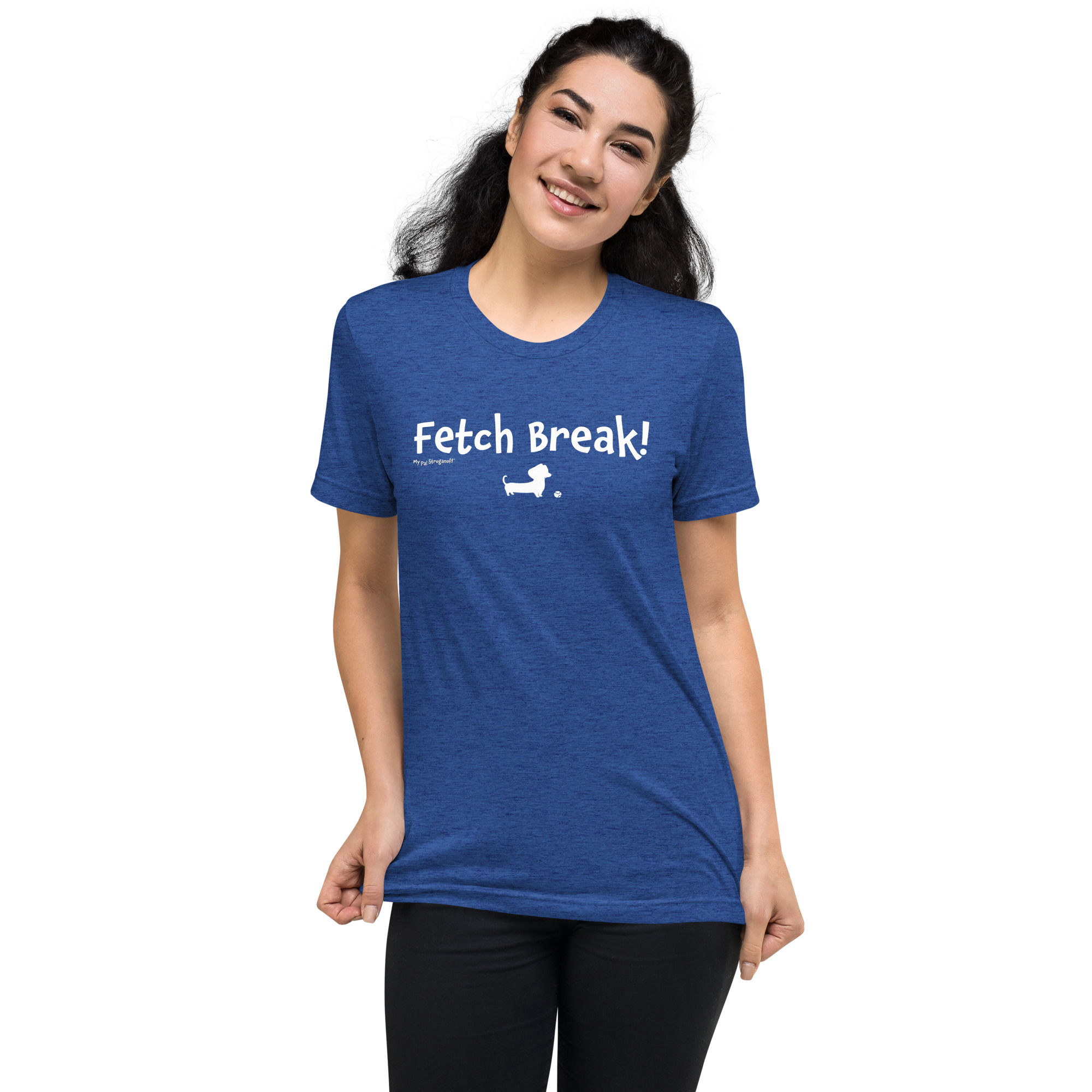 Adult Tri-Blend T-Shirt with Fetch Break! Text and Dachshund Cartoon