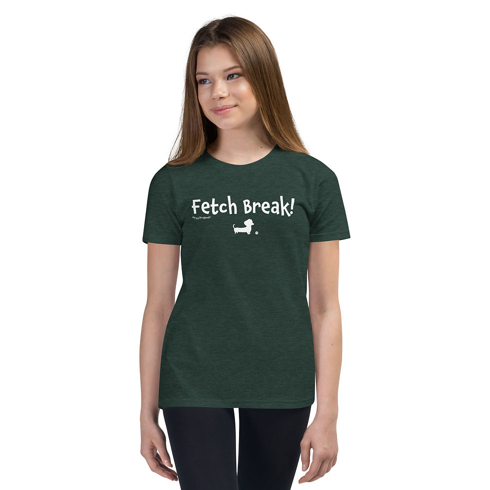 Thumbnail: Kids’ Cotton T-Shirt with Fetch Break! Text and Dachshund Cartoon