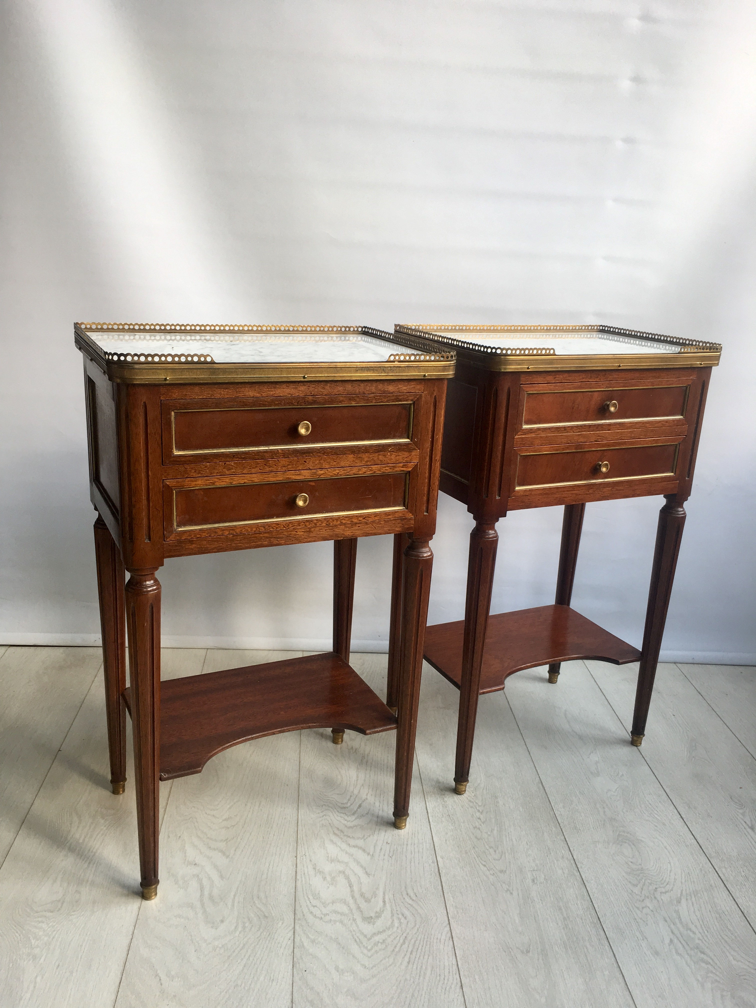 SOLD Pair of French galleried bedside tables