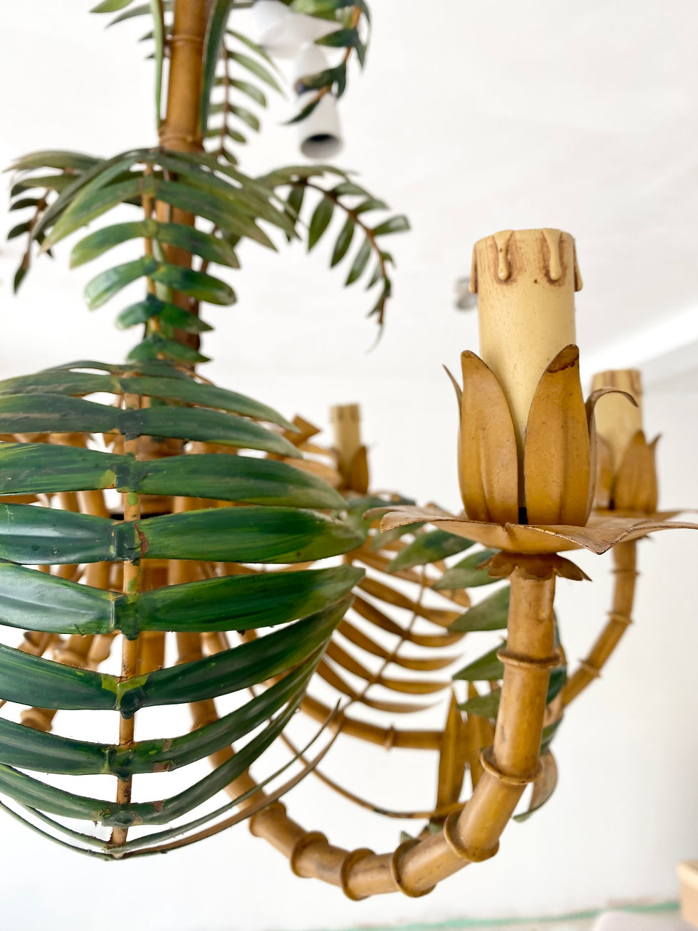 Thumbnail: SOLD Vintage Italian Toleware Bamboo & Palm Chandelier