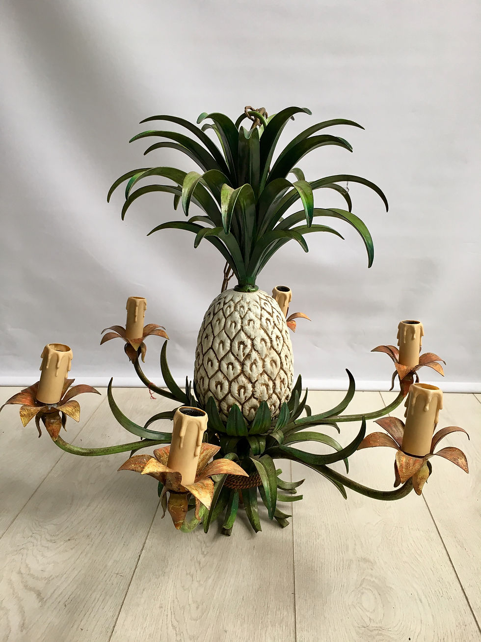 Thumbnail: SOLD Vintage French tole pineapple chandelier
